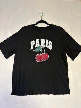 Paris Cherry Graphic T-Shirt Black Distressed Collegiate Style Tee Medium